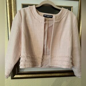✨Karl Lagerfeld Sz L Women's Light Pink Cropped Tweed Open Front Jacket✨